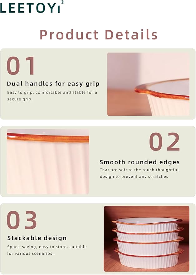 LEETOYI Porcelain Small Oval Au Gratin Pans, Baking Dish Set for 1 or 2 person servings, Bakeware with Double Handle for Kitchen and Home, Set of 2 (White/Brown) - Image 4
