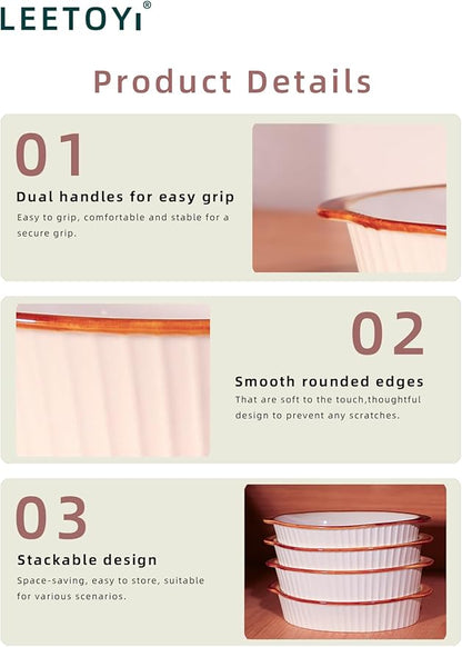LEETOYI Porcelain Small Oval Au Gratin Pans, Baking Dish Set for 1 or 2 person servings, Bakeware with Double Handle for Kitchen and Home, Set of 2 (White/Brown) - Image 4