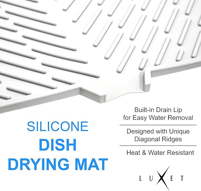 Luxet Silicone Dish Drying Mat with Built-in Drain Lip - Hygienic Drying Pad - Sturdy Compact Easy to Clean Tray Protects Surfaces Prevents Water Build Up - 23 X 17 (White) - Image 5