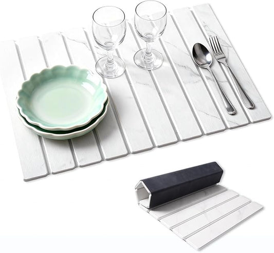 Stone Dish Drying Mat for Kitchen Counter, 24''×16'' Quick Dry Stone Dish Matt Collapsible Water Absorbing Diatomaceous Earth Drying Organizer Mat for Dishes Bottles Cups, Any Countertop(White Marble)