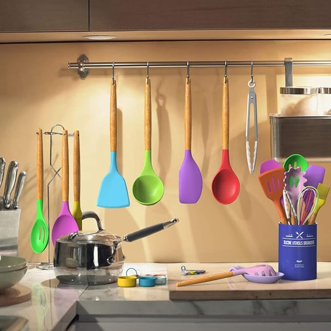 Umite Chef Kitchen Cooking Utensils Set, 33 pcs Non-stick Silicone Cooking Kitchen Utensils Spatula Set with Holder, Wooden Handle Silicone Kitchen Gadgets Utensil Set (Colorful) - Image 6