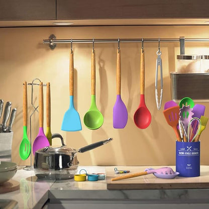 Umite Chef Kitchen Cooking Utensils Set, 33 pcs Non-stick Silicone Cooking Kitchen Utensils Spatula Set with Holder, Wooden Handle Silicone Kitchen Gadgets Utensil Set (Colorful) - Image 6