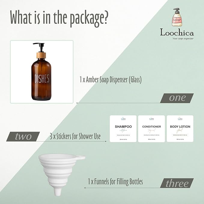 LOOCHICA Dish Amber Glass Soap Dispenser with Plastic Pump, 16 Oz Brown Dish Soap Dispenser Set Refillable Reusable Apothecary Soap Pump Dispenser Bottles for Bathroom and Kitchen - Image 2