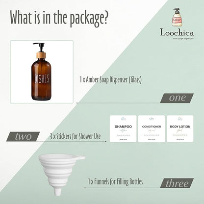 LOOCHICA Dish Amber Glass Soap Dispenser with Plastic Pump, 16 Oz Brown Dish Soap Dispenser Set Refillable Reusable Apothecary Soap Pump Dispenser Bottles for Bathroom and Kitchen - Image 2