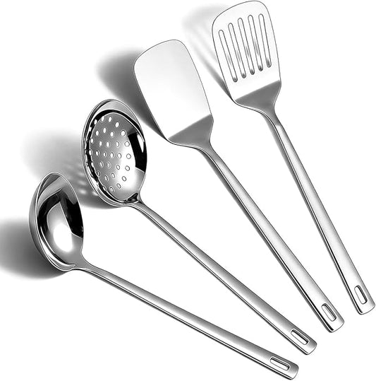 Stainless Steel Kitchen Utensils Set, 4-Piece – Slotted Turner, Solid Turner, Skimmer & Ladle – Rust-Resistant, Long Handle, Hanging Loop, Dishwasher Safe – Everyday Cooking & Serving