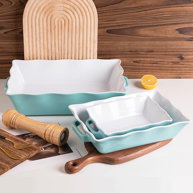 Sweejar Casserole Dishes for Oven, Ceramic Bakeware Set of 3, Rectangular Baking dish with Handles, Wave Edge Lasagna Pan Deep for Cooking, Cake, Dinner, Banquet and Daily Use (Turquoise) - Image 2
