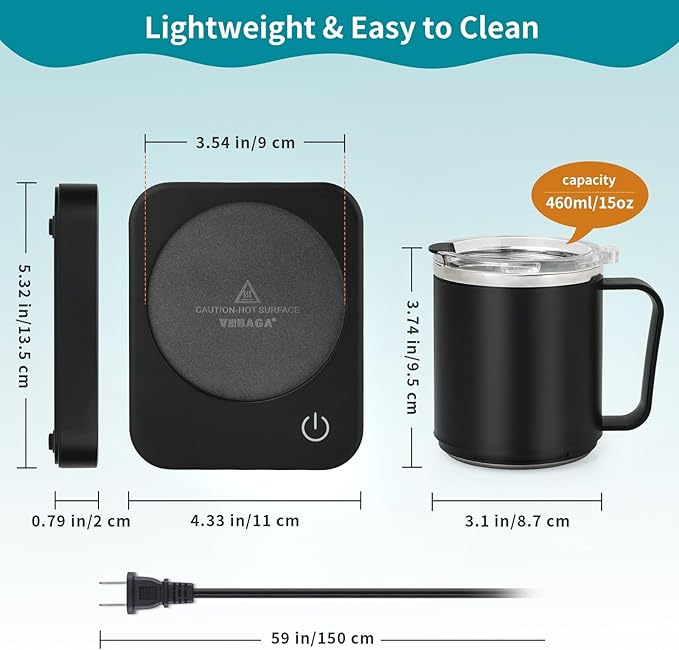 VOBAGA Coffee Mug Warmer & Mug Set for Desk - Auto Shut Off & 3 Heat Settings, Includes 15oz Stainless Steel Mug, Smart Coffee Cup Warmer, Home Office Essentials Coffee Set（Mug Included） - Image 3