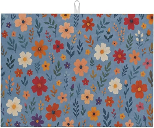 Blue Wildflowers Dish Drying Mats for Kitchen Counter, Large 18"x24" Dish Mats for Drying Dishes, Microfiber Absorbent Dish Drying Pad Rack Mat Kitchen Decor Reusable Washable