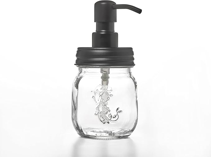 Mason Jar Soap and/or Lotion Dispenser with Gloss Black Dispenser Pump for Hand Sanitizer. Comes with Non Slip Coaster. Use with Liquid Soap or Hand/Body Lotion (Gloss Black, 2pk 12oz)