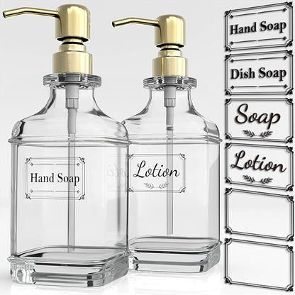 GLADPURE Soap Dispenser - 2 Pack, 18 Oz Antique Design Thick Glass Hand Soap Dispensers; with 304 Rust Proof Stainless Steel Pump, 6Pcs Clear Stickers, for Kitchen, Bathroom - Gold by GLADPURE