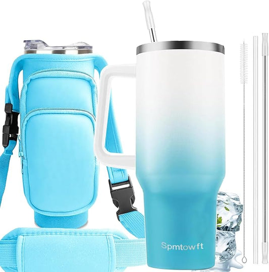 40oz Stainless Steel Double Vacuum Tumbler with Handle, Straw Lid, Carrier Bag, Purse Pouch Phone Pocket, Gym Water Bottle Travel Mug and Sleeve Holder for Men Women (white Blue)