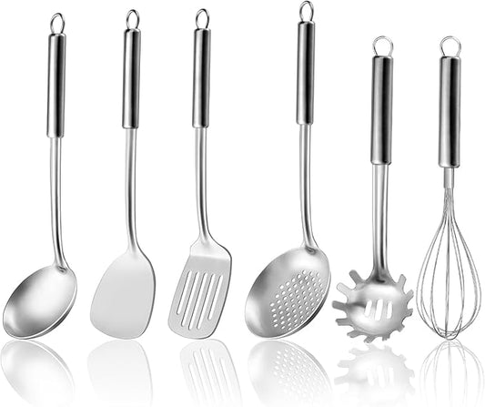 6-Piece Kitchen Cooking Utensils Set, Stainless Steel Kitchen Utensils with Suspendable Handle, Spatula, Slotted Turner, Soup Ladle, Slotted Spoon, Whisk, Pasta Server, Dishwasher Safe by Gymdin