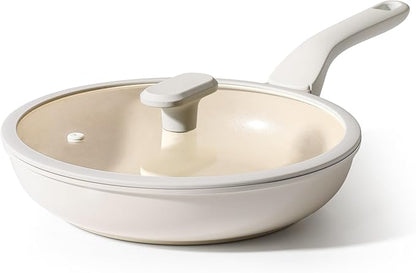 PRICUSIS Nonstick Ceramic Frying Pan with Lid, 8/10 Inch Skillet with Stay Cool Handle, Fully Coated, 100% Dishwasher Safe, PTFE PFAS & PFOA Free (8 Inch, Coconut White by PRICUSIS