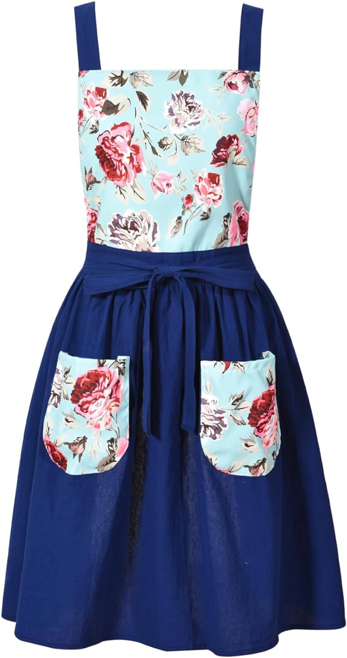 Pinknoke Vintage Pinafore Apron Dress for Women with Pockets Cute Floral Chef Aprons for Kitchen Cooking Baking Gardening by Pinknoke