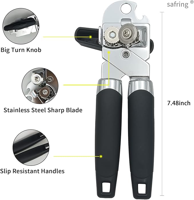 Safring Can Opener Manual, Handheld Strong Heavy Duty Stainless Steel Can Opener, Comfortable Handle, Sharp Blade Smooth Edge, Can Openers with Multifunctional Bottle Opener - Image 3