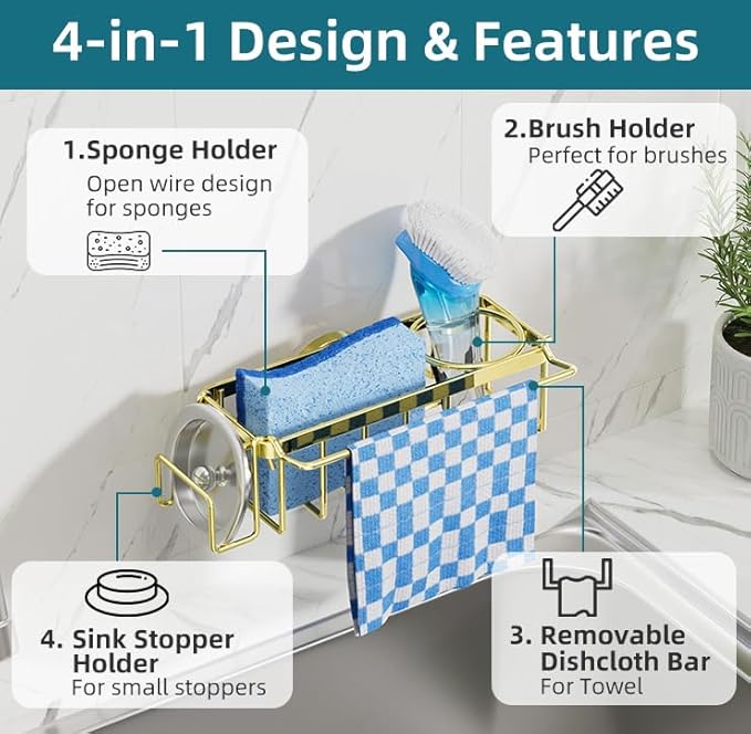 TAILI 4-in-1 Sink Caddy with Strong Suction Cup, Sponge Holder for Kitchen Sink Organizer, Removable, Rustproof, Stainless Steel Holder for Sponge, Brush, Scrubber, Scraper - Gold - Image 5