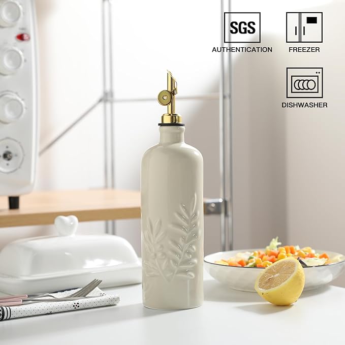 Sweejar 18 Oz Oil Dispenser for Kitchen with Gravity Spout, Ceramic Olive Oil Dispenser Bottle, Relief Opaque Vinegar Container for Evoo, Vinegar, Soy Sauce, Pack of 1(Beige, Gold Spout) - Image 2