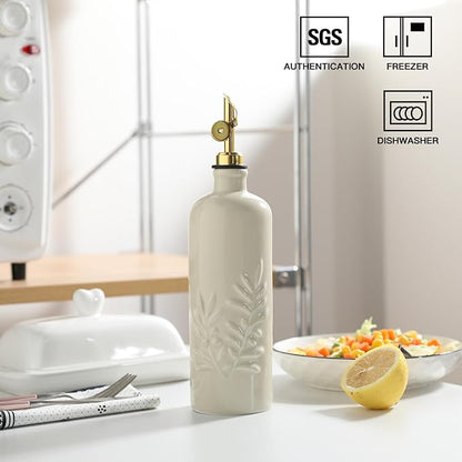 Sweejar 18 Oz Oil Dispenser for Kitchen with Gravity Spout, Ceramic Olive Oil Dispenser Bottle, Relief Opaque Vinegar Container for Evoo, Vinegar, Soy Sauce, Pack of 1(Beige, Gold Spout) - Image 2