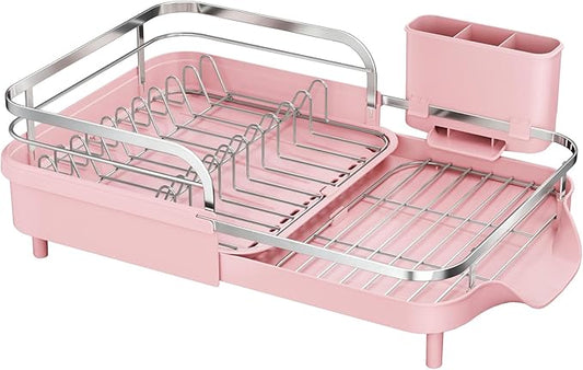 SAYZH Dish Drying Rack - Expandable Dish Rack for Kitchen Counter, Rust-Resistant Dish Drainer with Utensil Holder and Raised Guardrail, Kitchen Organizer for Cup and Bottle (Pink) by SAYZH