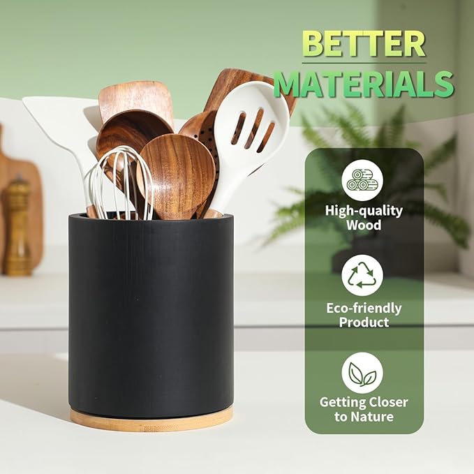 Wooden Utensil Holder, 360°Rotating 7.3'' Large Utensil Holder for Kitchen Counter, Kitchen Utensil Organizer, Utensil Crock, Farmhouse Kitchens Countertop Decor, Black Color - Image 5