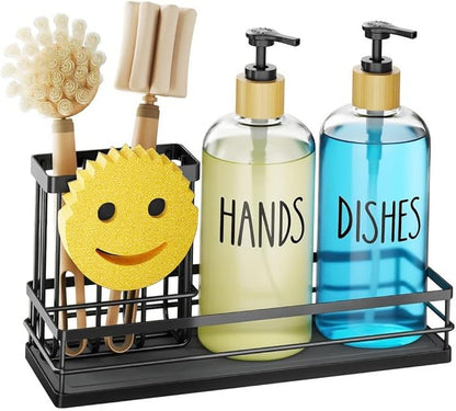 Moforoco Kitchen Dish Soap Dispenser Set, 16OZ Glass Bottle, Hand and Dish Soap Dispenser Set, Instant Dry Tray, Brush Holder with Smiley Face Sponge Holder (Black Tray+Clear Bottle) by MOFOROCO