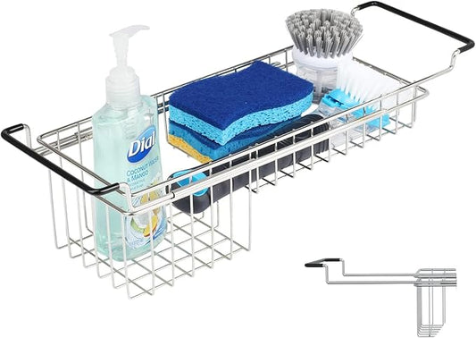 TreeLen Over The Kitchen Sink Caddy Sponge Holder Organizer Drying Rack Expandable for Sponge Brush Soap 13.8" to 20.8", Stainless Steel by TreeLen