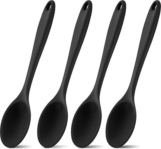Shappy 4 Pieces Silicone Cooking Spoons 10.6 Inch Heat Resistant Kitchen Spoons for Mixing, Serving and Stirring Upgrade Large Non Stick Basting Utensils, Dishwasher Safe(Spoon,Black) by Shappy