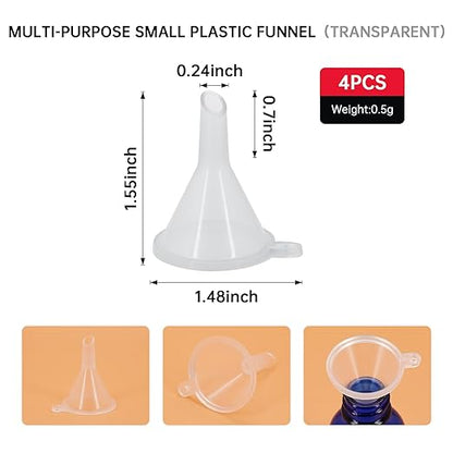 Mini Funnel 4-Pack for Lab Bottles, Sand Art, Perfume, Spice, Powder, Essential Oil, Recreational, Kitchen Food Grade Small Plastic (Clear)