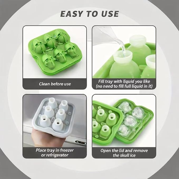 Skull Ice Cube Mold, 6-Cavity Silicone Ice Tray for Whiskey, Cocktails, and Beverages, Food-Grade Flexible Ice Maker for Halloween & Party Drinks, Easy Release & Dishwasher Safe (Green)
