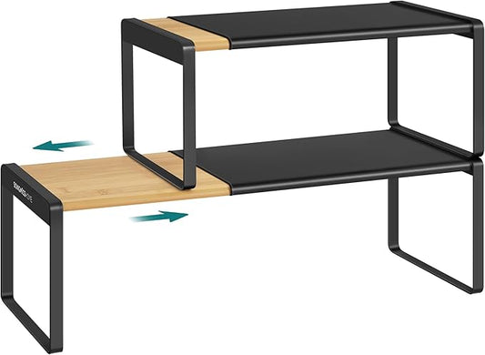 SONGMICS HOME Spice Racks, Expandable Cupboard Shelf Orgnizers, Kitchen Counter Shelves, Bamboo and Metal, Space-Saving Shelving, Stackable, Light Bamboo and Ink Black UKCS051B01 by SONGMICSHOME