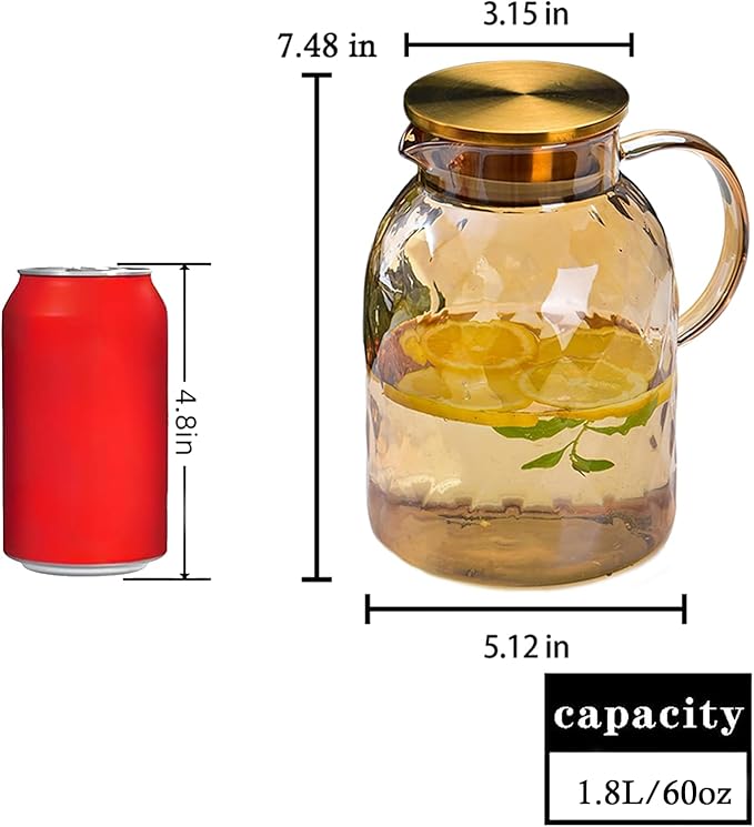 AEFPOYMXU 62oz Glass Pitcher with Lid - Amber Borosilicate Water Carafe, Heat Resistant Vintage Jug for Iced Tea, Juice, Lemonade (1.8L) - Image 4