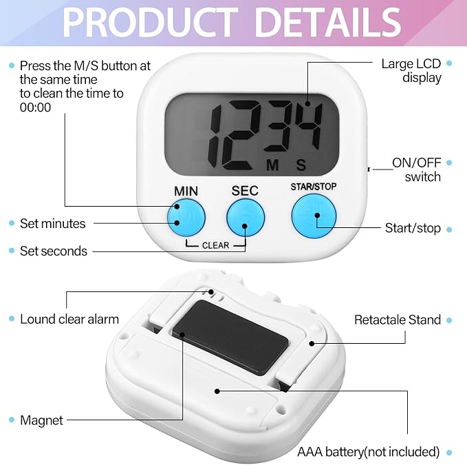 Weewooday 24 Pcs Digital Kitchen Timer Magnetic Timer Bulk On/Off Switch Minute Second Count up Countdown Loud Alarm for Exercise Cook Baking (Classic Color) - Image 6