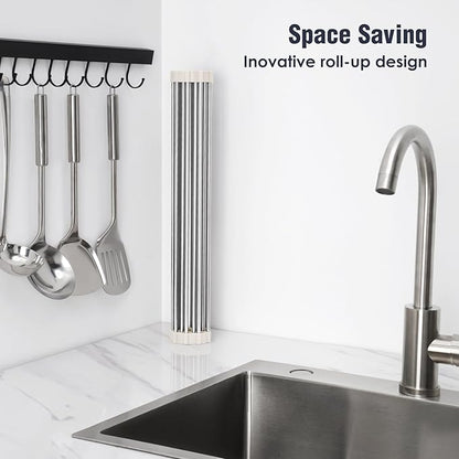Tomorotec 21" x 15.5" Roll Up Dish Drying Rack Over Sink Drying Rack Sink Cover Kitchen Sink Accessories Gadget Multipurpose Organizer Foldable Stainless Steel Drainer - Image 3