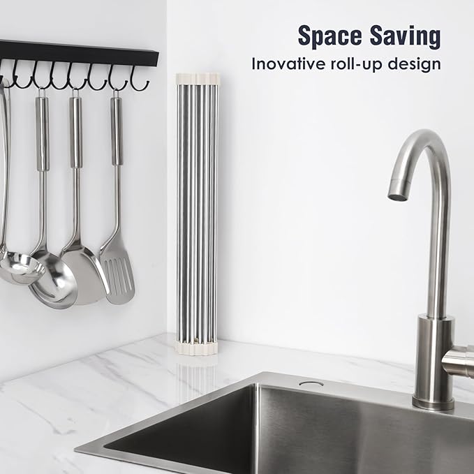 Tomorotec 17.7" x 15.5" Roll Up Dish Drying Rack Over Sink Drying Rack Sink Cover Kitchen Sink Accessories Gadget Multipurpose Organizer Foldable Stainless Steel Drainer - Image 3