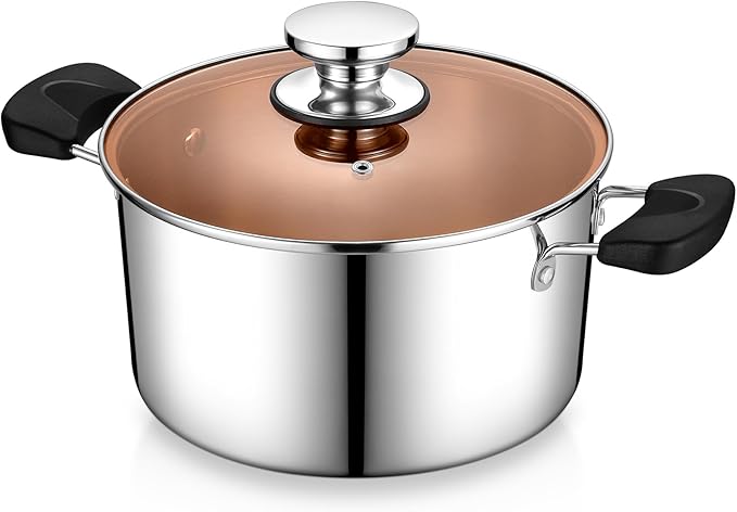 5 Quart 3-Ply Cooking Stock Pot with Lid, P&P CHEF Stainless Steel Large Pot for Pasta Soup, Work on Multi Stove, Heavy Duty & Dishwasher Safe, Dual Heat-resistant Handles & Brown Glass Lid by PPCHEF