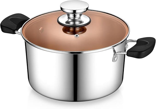5 Quart 3-Ply Cooking Stock Pot with Lid, P&P CHEF Stainless Steel Large Pot for Pasta Soup, Work on Multi Stove, Heavy Duty & Dishwasher Safe, Dual Heat-resistant Handles & Brown Glass Lid by PPCHEF