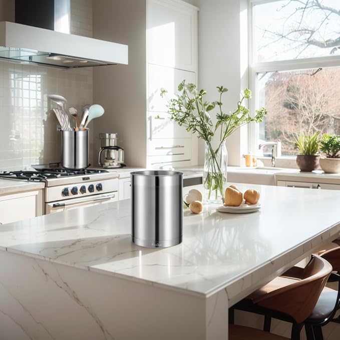KSENDALO Stainless Steel Utensil Holder for Counter 5.0" Diameter, Brushed Metal Utensil Crock Canister for Cooking Utensils on Countertop, with Heavy Base, Dishwasher Safe,Silver - Image 3
