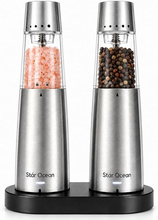 StarOcean Electric Salt and Pepper Grinder Set, Automatic Gravity Grinder with Rechargeable Base, 5 Adjustable Coarseness, Leak-Proof & Mess-Free, USB-C Charging, Stainless Steel