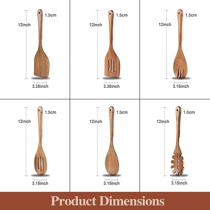 Wooden Cooking Utensils, 6 Pieces Natural Acacia Wooden Spoons For Cooking with Non Stick & Heat Resistant Design, Wooden Kitchen Utensil Set with Hanging Hole for Stirring, Mixing, Cooking - Image 7