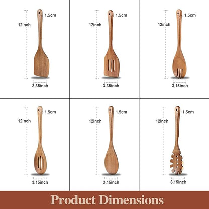 Wooden Cooking Utensils, 6 Pieces Natural Acacia Wooden Spoons For Cooking with Non Stick & Heat Resistant Design, Wooden Kitchen Utensil Set with Hanging Hole for Stirring, Mixing, Cooking - Image 7