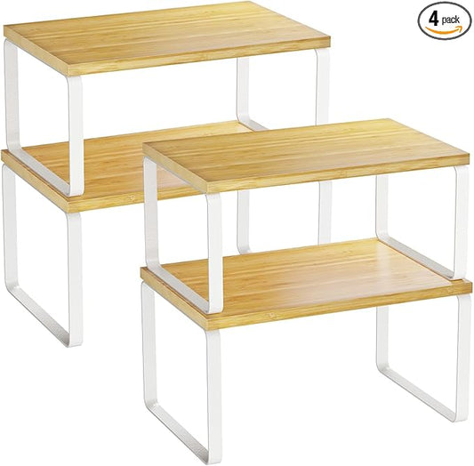 Simple Trending Bamboo Cabinet Organizer Shelf, Set of 4 Kitchen Counter Shelves, Stackable Expandable Spice Rack Pantry Cupboard Organizer, White and Natural by SimpleTrending
