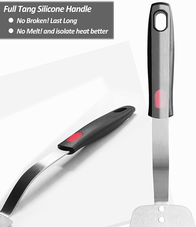 Stainless Steel Flexible Spatula Slotted Turner, XiaoZu Thin Metal Spatula for Cast Iron Skillet, Thin Blade and Heat Resistant Silicone Handle, Great for Egg, Cookie, Meat, Crep, Medium + Large