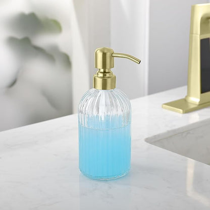 Gold Refillable Glass Kitchen Soap Dispenser,16oz Bathroom Soap Dispenser with Vertical Strip,Golden 304 Stainless Steel Pump Head, Clear Thick Glass,for Modern Home Decor, Countertop, Hotel