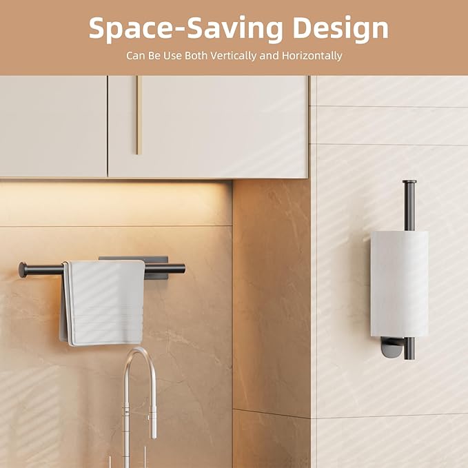 Paper Towel Holder, Improved Premium Paper Towel Holder Under Cabinet, Stainless Steel Paper Towel Holders Rack for Kitchen, Bathroom, Pantry, Fridge, Adhesive or Drilling, Black - Image 2