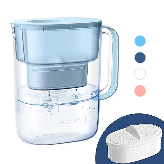 Waterdrop PT-07B Water Filter Pitcher, 10-Cup, NSF Certified, 200-Gallon Long-Life Filter, Improves Coffee & Tea Taste, Reduces PFOA/PFOS and Chlorine, 5X Longer Filter Life, Blue by Waterdrop