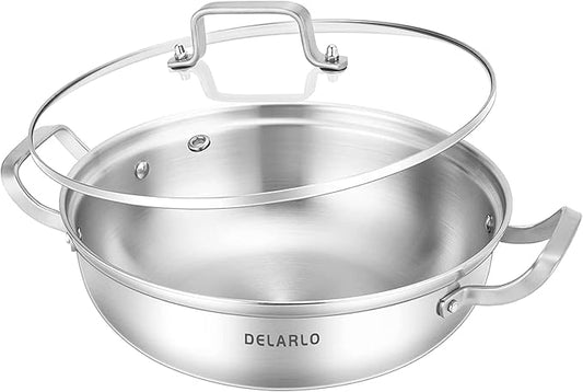Delarlo Tri-Ply Stainless Steel 13 inch Everyday Pan with Glass Lid, Deep Saute Pan, High Side Kitchen Cooking Pot, Chef's Pans, Induction Deep Frying Pan, 5QT Stock Pot, Up to 550℉