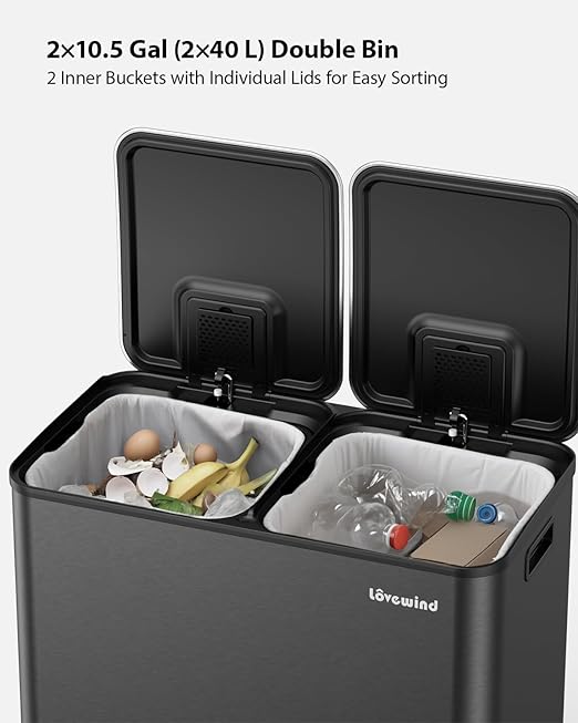 Lovewind Trash Can, 2 x 10.5 Gallon (2 x 40 L) Garbage Can for Kitchen Dual Compartment Recycling Kitchen Step Trash Bin, Stainless Steel Trash and Recycle Bin Combo with Soft-Close Lid, Black - Image 3