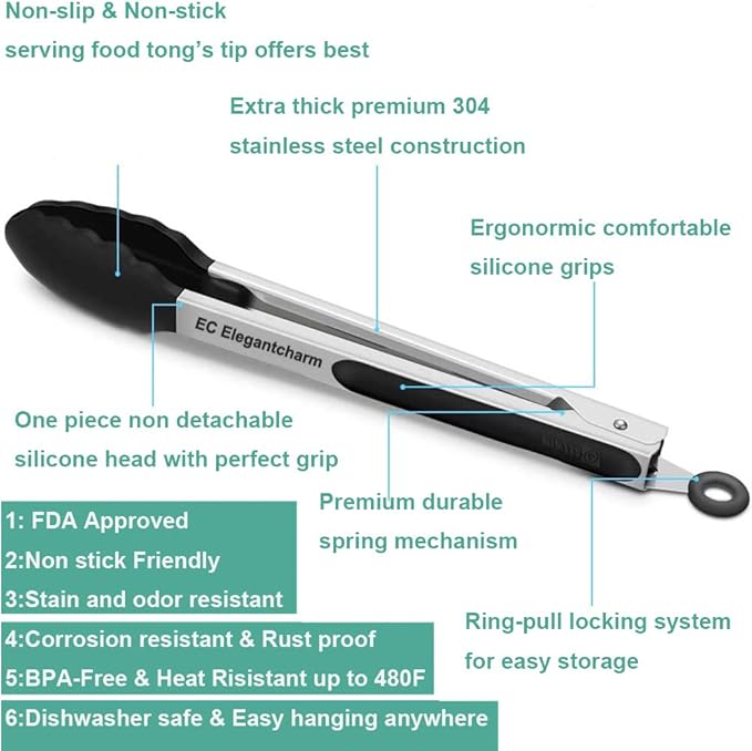 17" Kitchen Tongs with Silicone Tips, High Heat Resistant Grill Tongs in Stainless Steel - Image 2