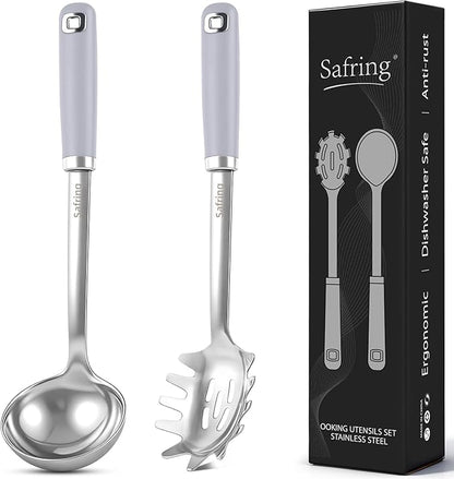 Safring Stainless Steel Soup Ladle and Spaghetti Spoon Set, Heat Resistant Rubber Handle, Dishwasher Safe, Kitchen Utensils for Cooking, Stirring, Serving Pasta, Soup & Sauce (Lavender) by Safring