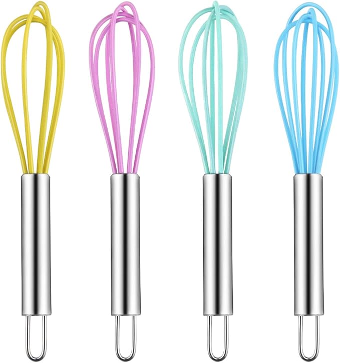 4 Pack Colorful Mini Silicone Kitchen Whisks with Stainless Steel Handles for Milk Egg Blending Stirring Whisking and Beating(4 Colors,6 Inches) by Newbested